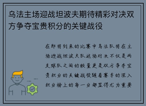 乌法主场迎战坦波夫期待精彩对决双方争夺宝贵积分的关键战役